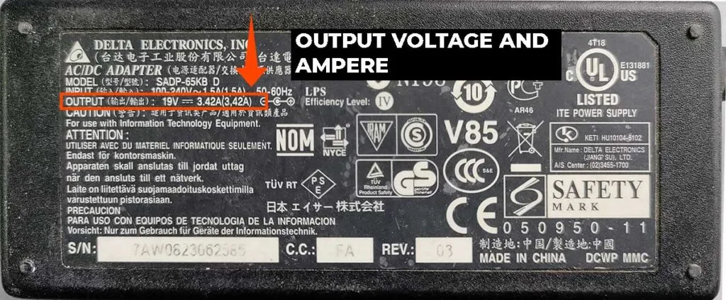 laptop charger output rating label