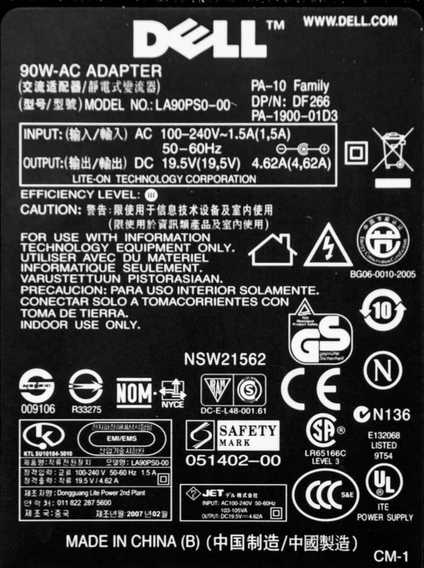 laptop power input specification label
