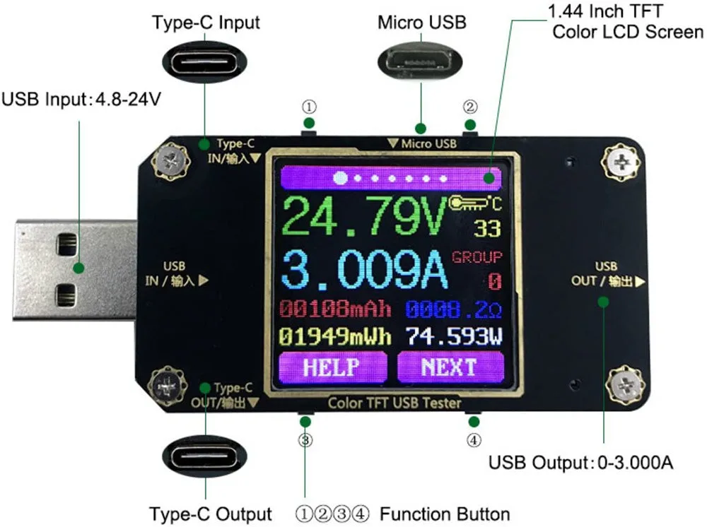 USB multimeter power reading display
